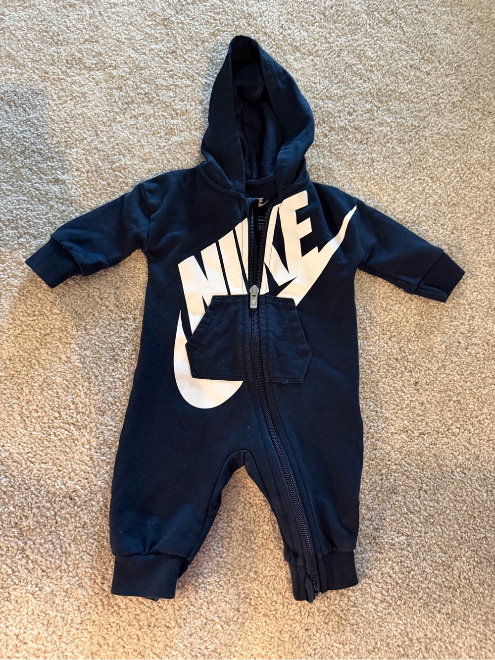 Nike Navy Hooded Baby One-Piece with White Logo